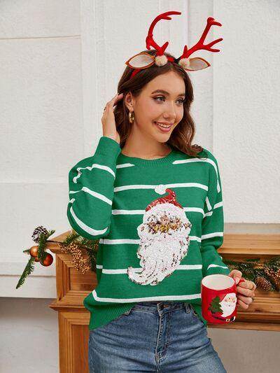 Sequin Santa Striped Round Neck Long Sleeve Sweater for Women - Selvanelle