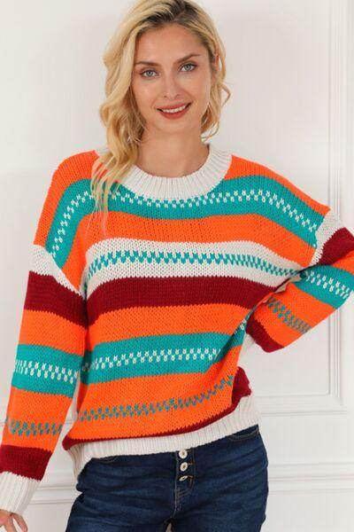 Contrast Striped Round Neck Long Sleeve Sweater for Women - Selvanelle