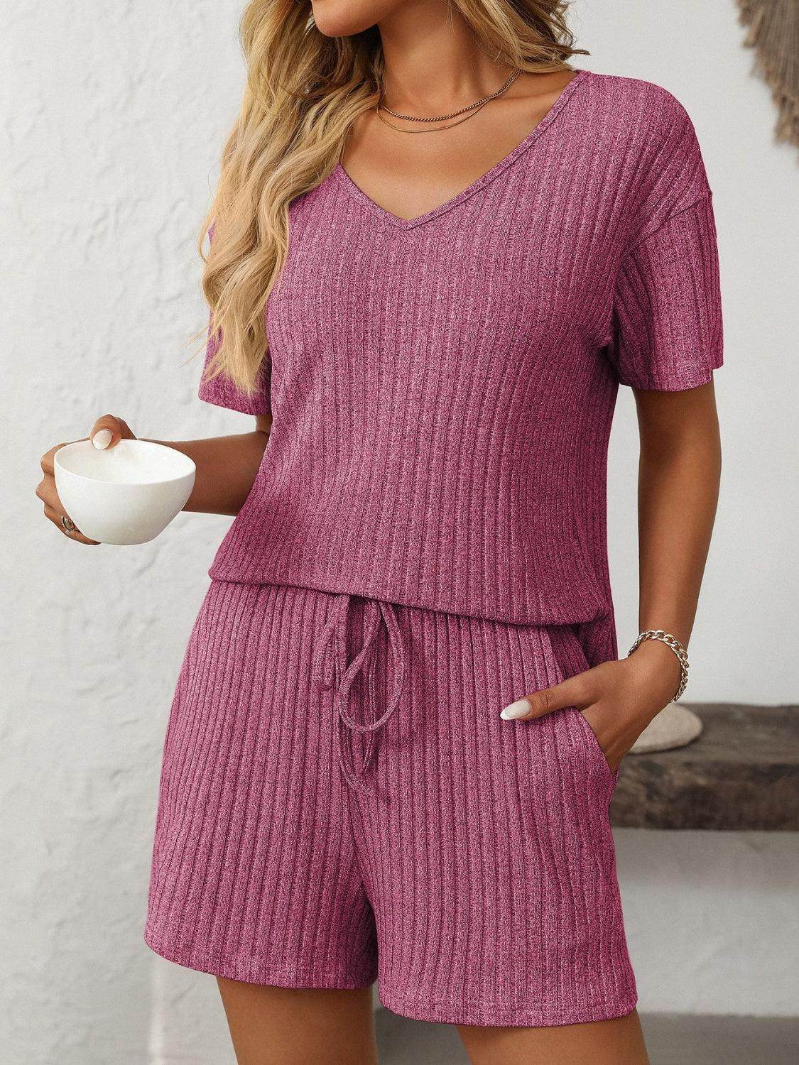 Mandy V-Neck Short Sleeve Top and Shorts Set for Women - Selvanelle