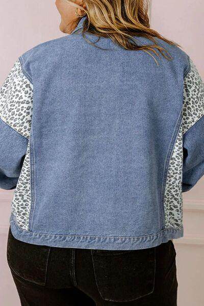 Plus Size Leopard Long Sleeve Denim Jacket for Women - Selvanelle