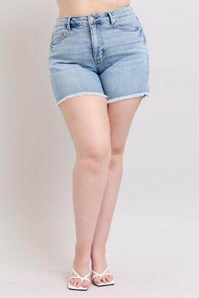 Judy Blue Full Size Tummy Control Raw Hem Denim Shorts Plus Size - Selvanelle