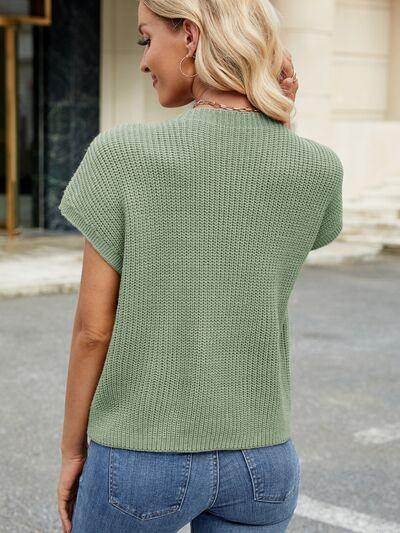 Round Neck Short Sleeve Sweater with Pocketed Stretch - Selvanelle