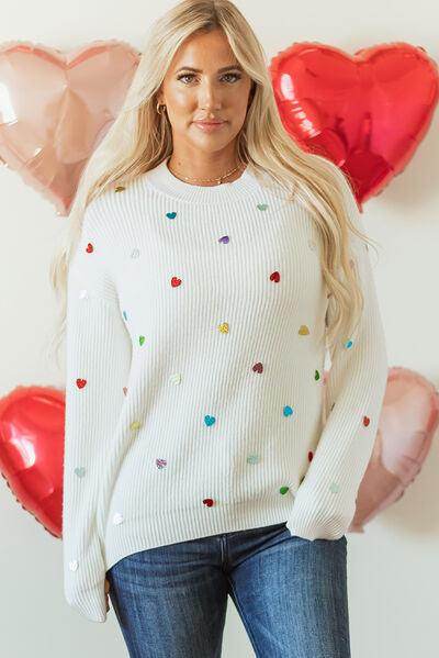Heart Sequin Round Neck Long Sleeve Sweater for Women - Selvanelle