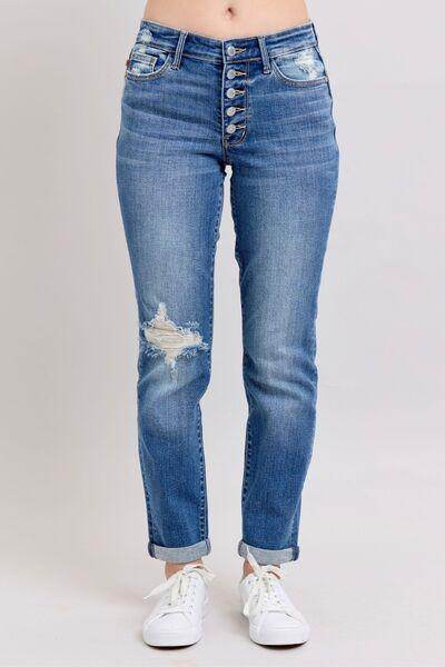 Judy Blue Full Size Button Fly Distressed Jeans Plus Size - Selvanelle