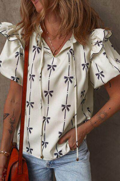 Bow Print Tie Neck Short Sleeve Blouse for Women - Selvanelle