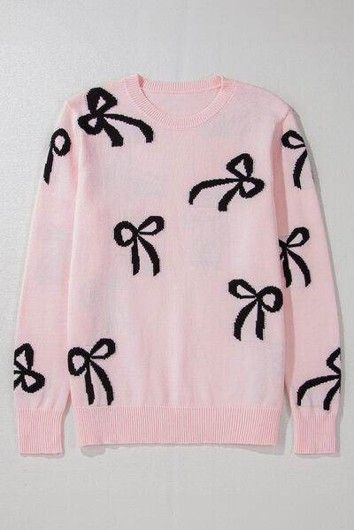 Bow Pattern Round Neck Loose Fit Sweater for Women - Selvanelle