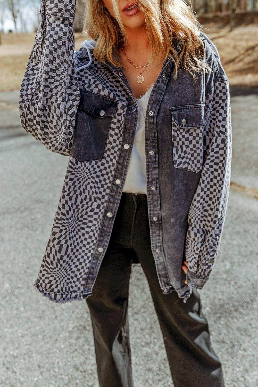 Plaid Snap Down Raw Hem Drawstring Hooded Jacket for Women - Selvanelle