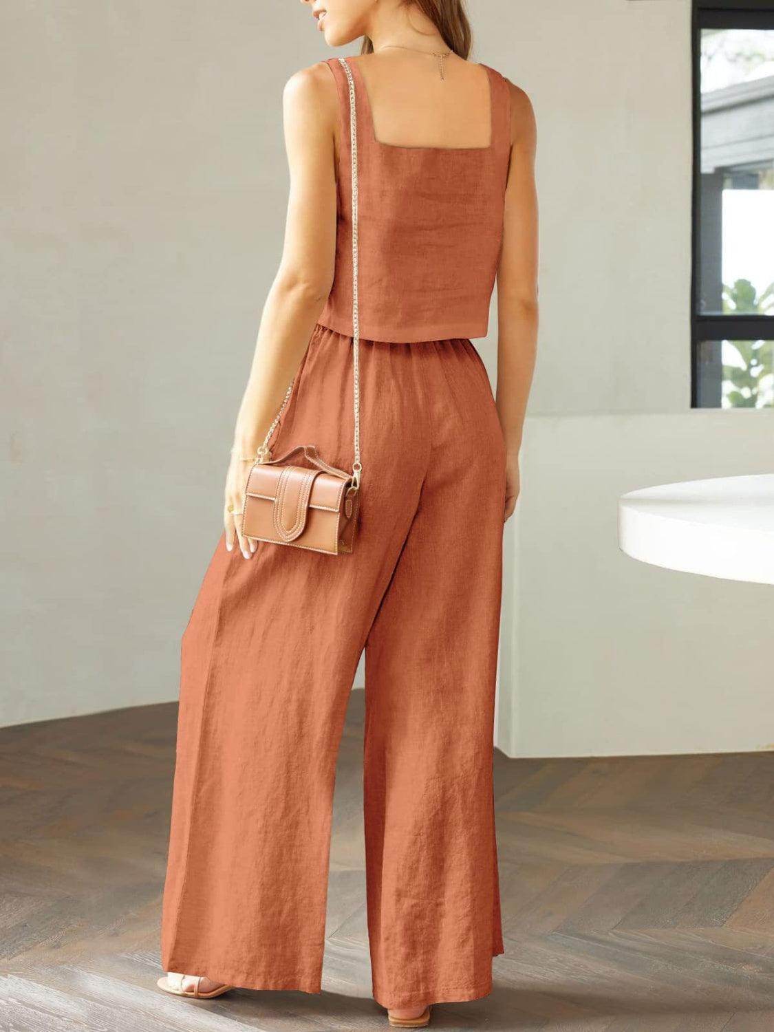 Square Neck Top and Wide Leg Pants Set for Women - Selvanelle
