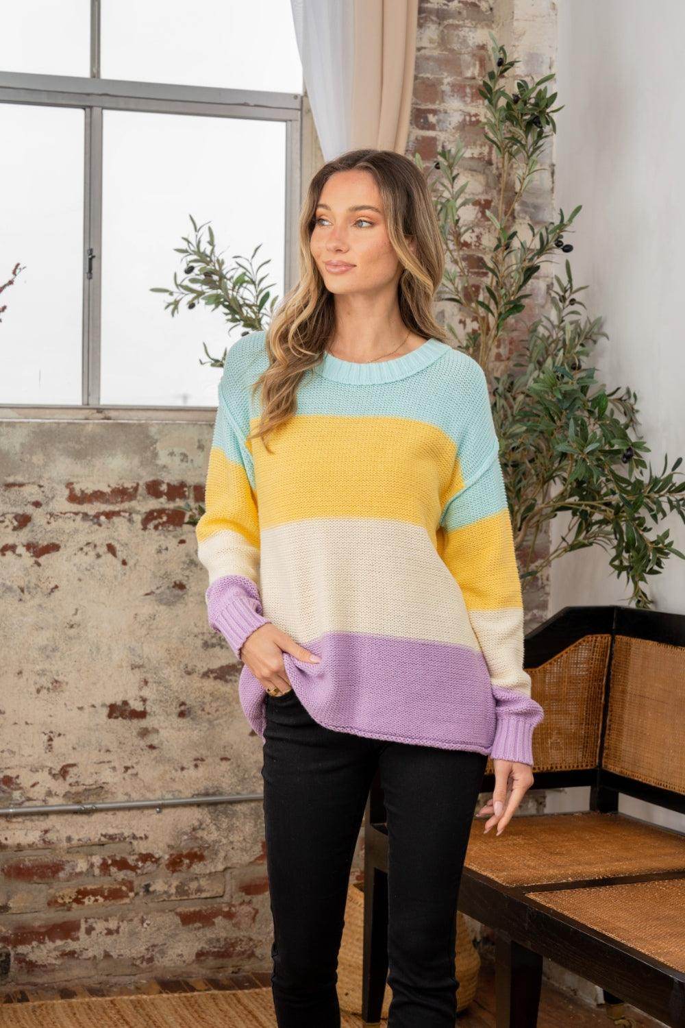 Sew In Love Full Size Color Block Exposed Seam Sweater - Selvanelle