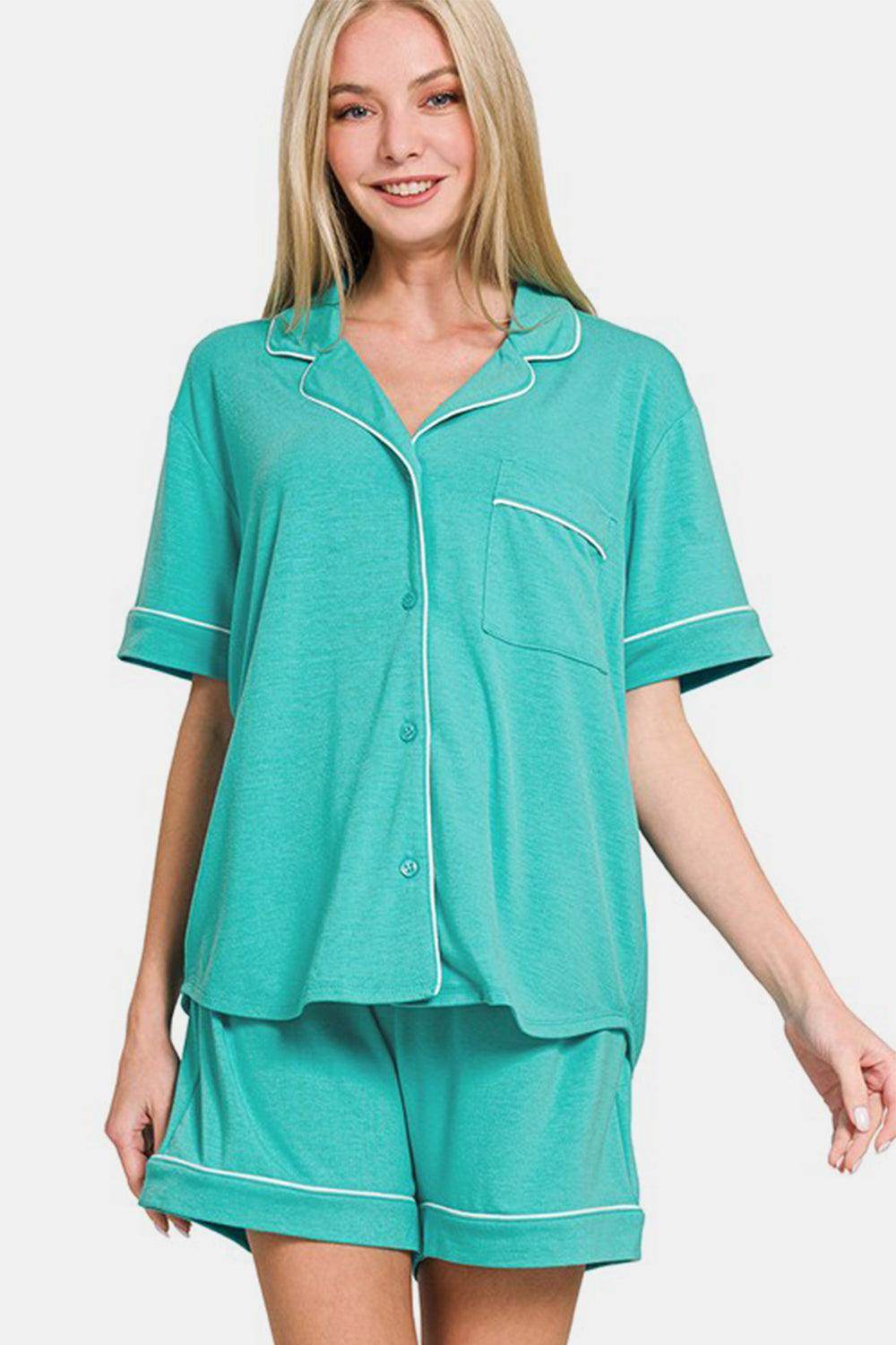 Zenana Button Down Short Sleeve Top and Shorts Lounge Set - Selvanelle