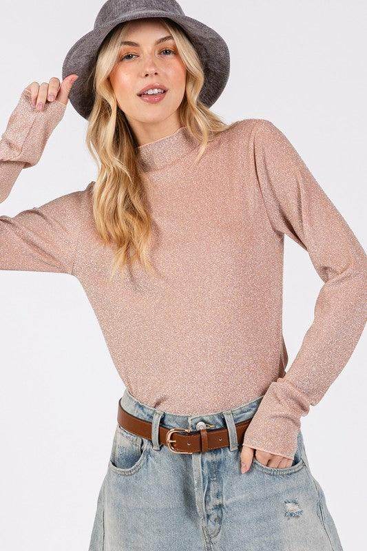 SAGE + FIG Glitter Mock Neck Lettuce Hem Long Sleeve Top - Selvanelle