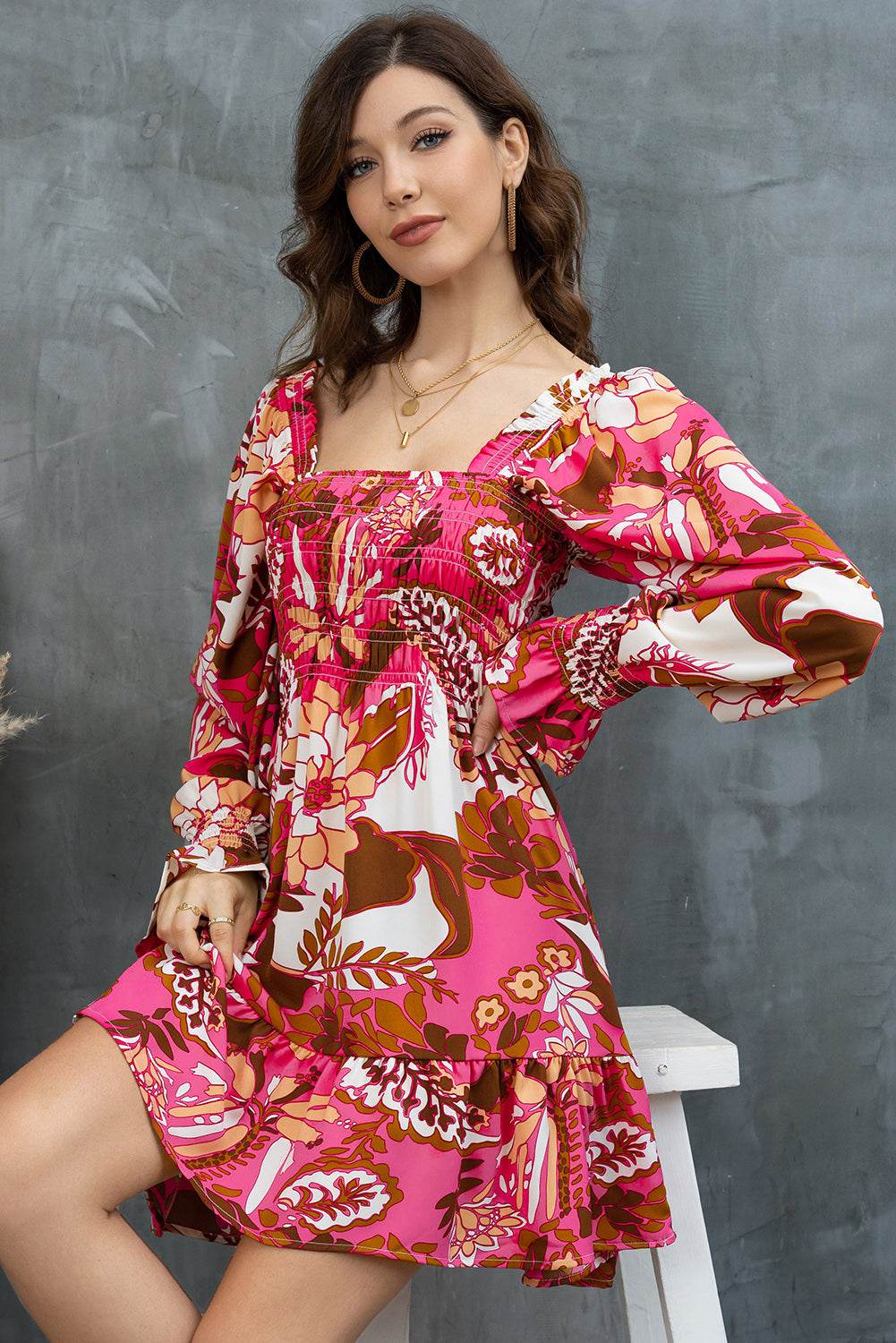 Floral Square Neck Flounce Sleeve Dress - Selvanelle