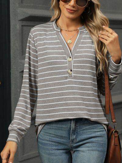 Striped Notched Long Sleeve T-Shirt for Casual Style - Selvanelle