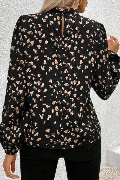 Printed Mock Neck Balloon Sleeve Blouse for Women - Selvanelle