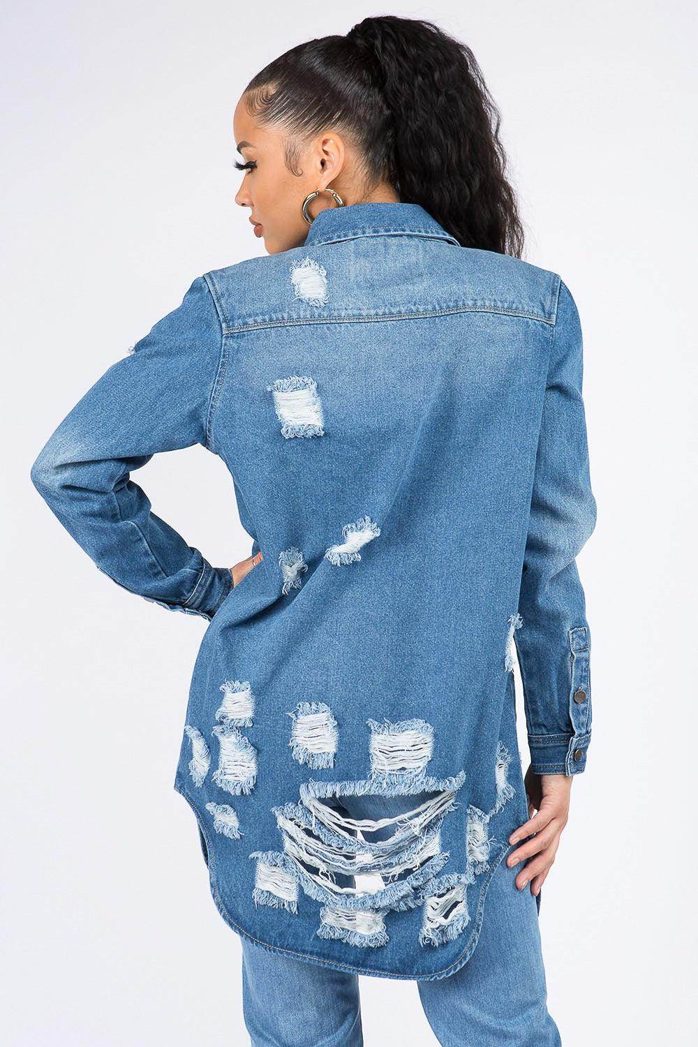 American Bazi Distressed Button Down Denim Shirt Jacket - Selvanelle