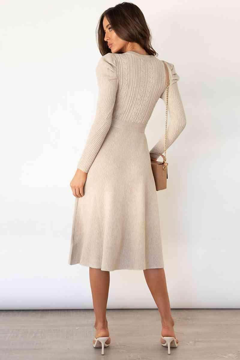 Round Neck Long Sleeve Tie Waist Sweater Dress for Women - Selvanelle