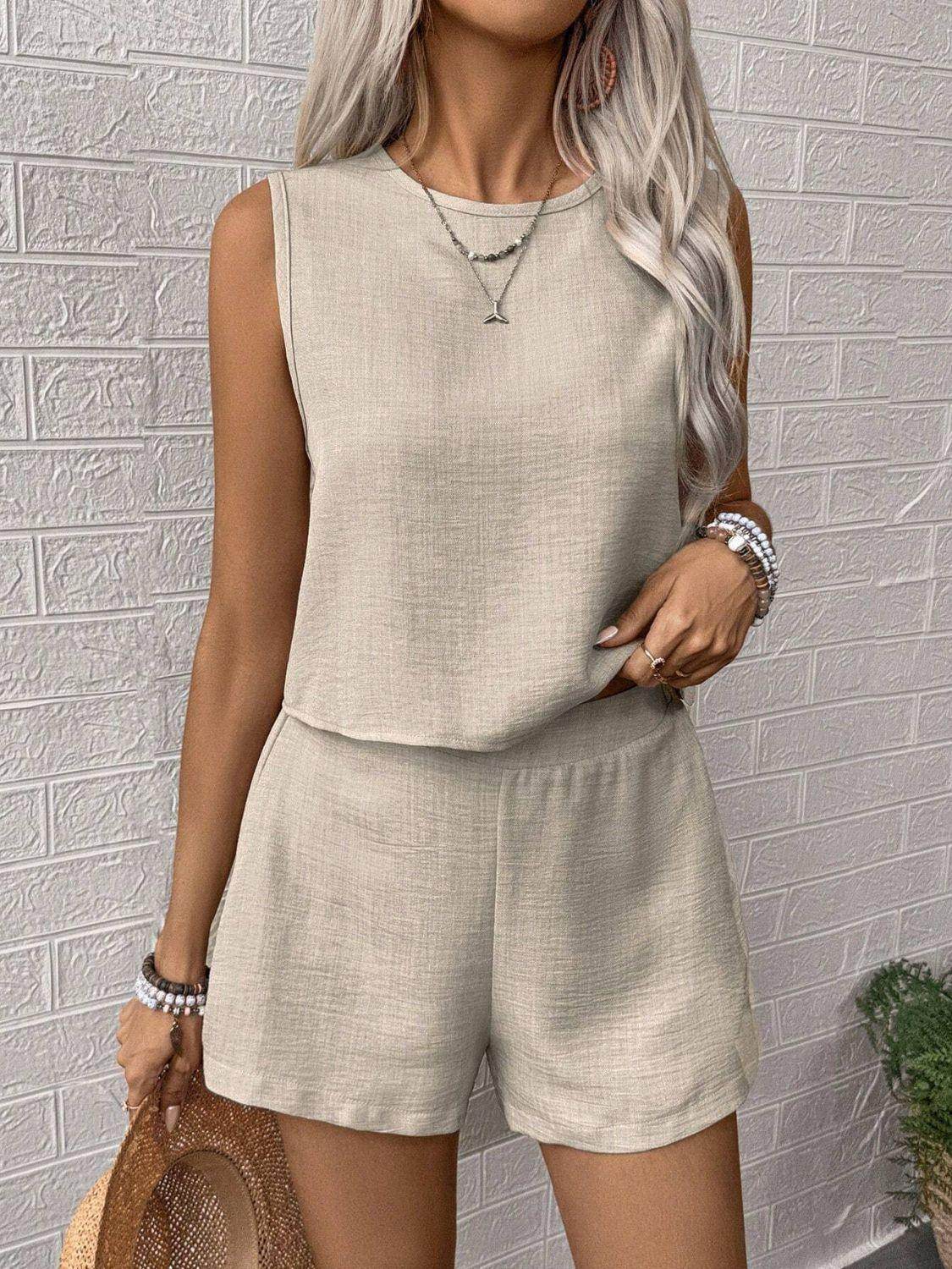 Round Neck Sleeveless Top and Shorts Set for Women - Selvanelle