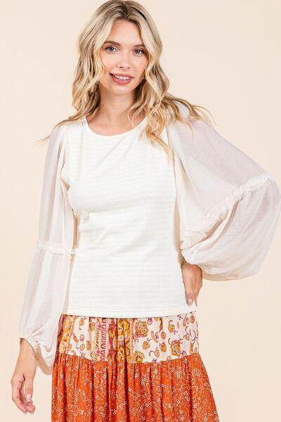 Mittoshop Mixed Media Textured Knit Chiffon Long Sleeve Top - Selvanelle