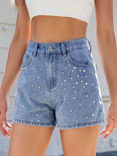 Rhinestone Washed High Waist Denim Shorts for Women - Selvanelle