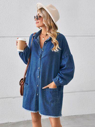 Button Up Pocketed Raw Hem Denim Dress for Women - Selvanelle