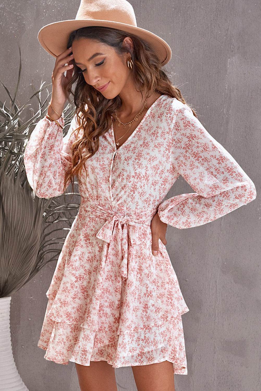 Floral Surplice Balloon Sleeve Layered Dress - Selvanelle