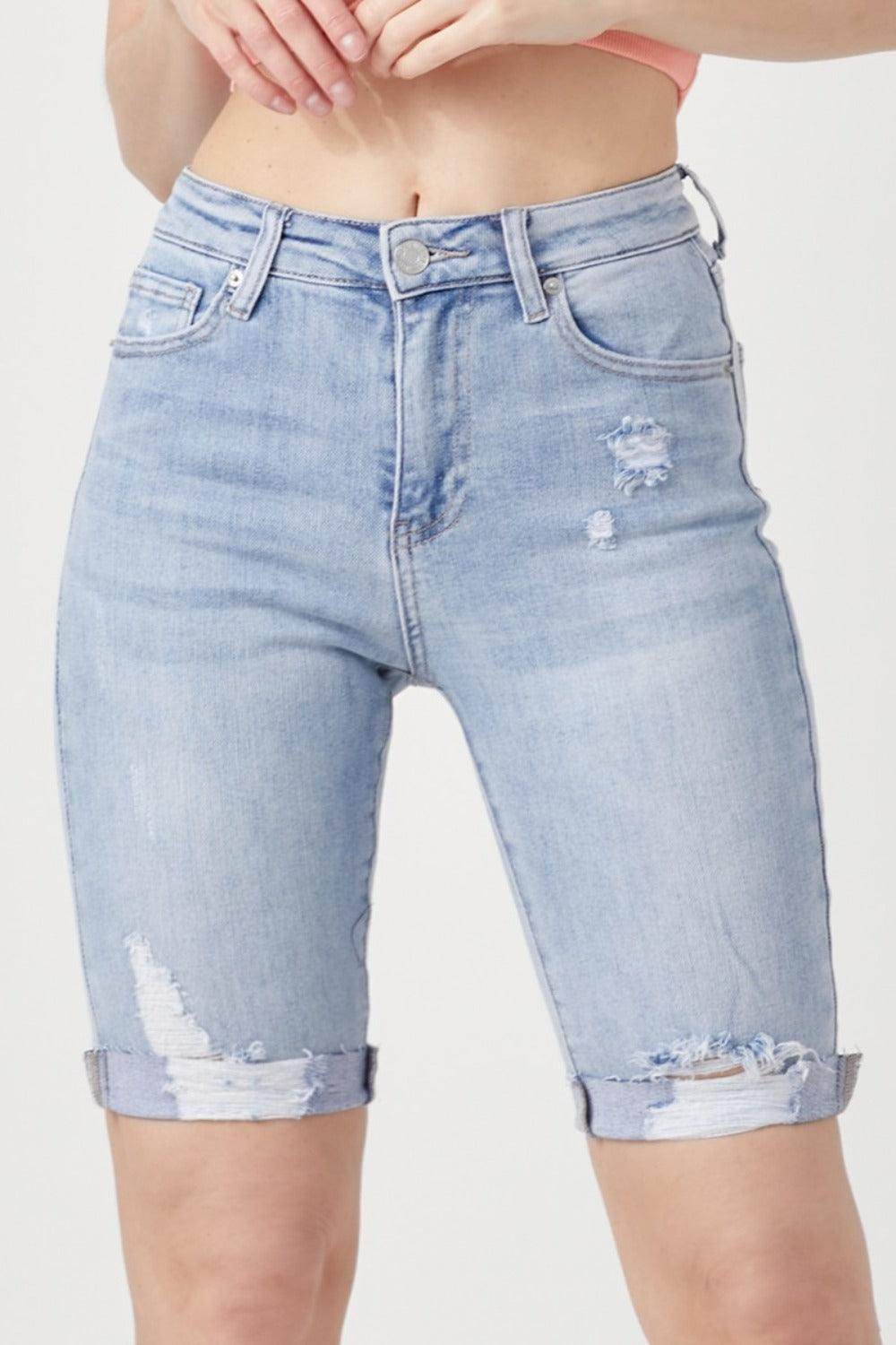 RISEN High Rise Distressed Denim Bermuda Shorts for Women - Selvanelle