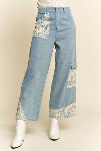 Davi & Dani Lace Applique Wide Leg Jeans for Women - Selvanelle