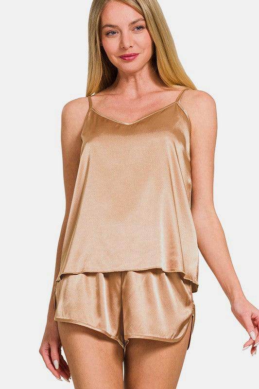Zenana V-Neck Satin Cami and Elastic Waist Shorts Set - Selvanelle