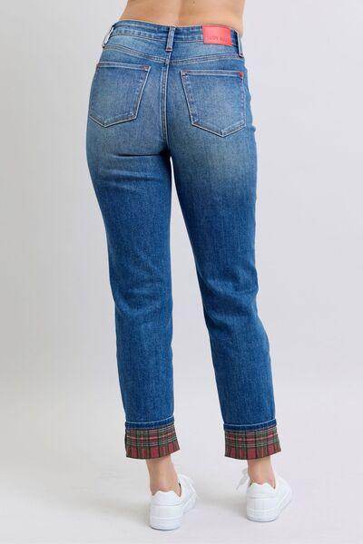 Judy Blue Full Size Plaid Print Cuff Straight Leg Jeans - Selvanelle
