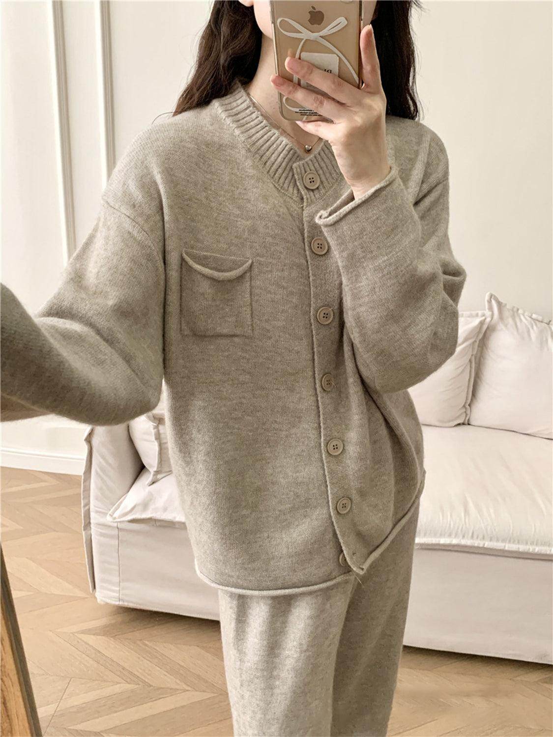 Pocketed Round Neck Button Up Cardigan and Pants Sweater Set - Selvanelle