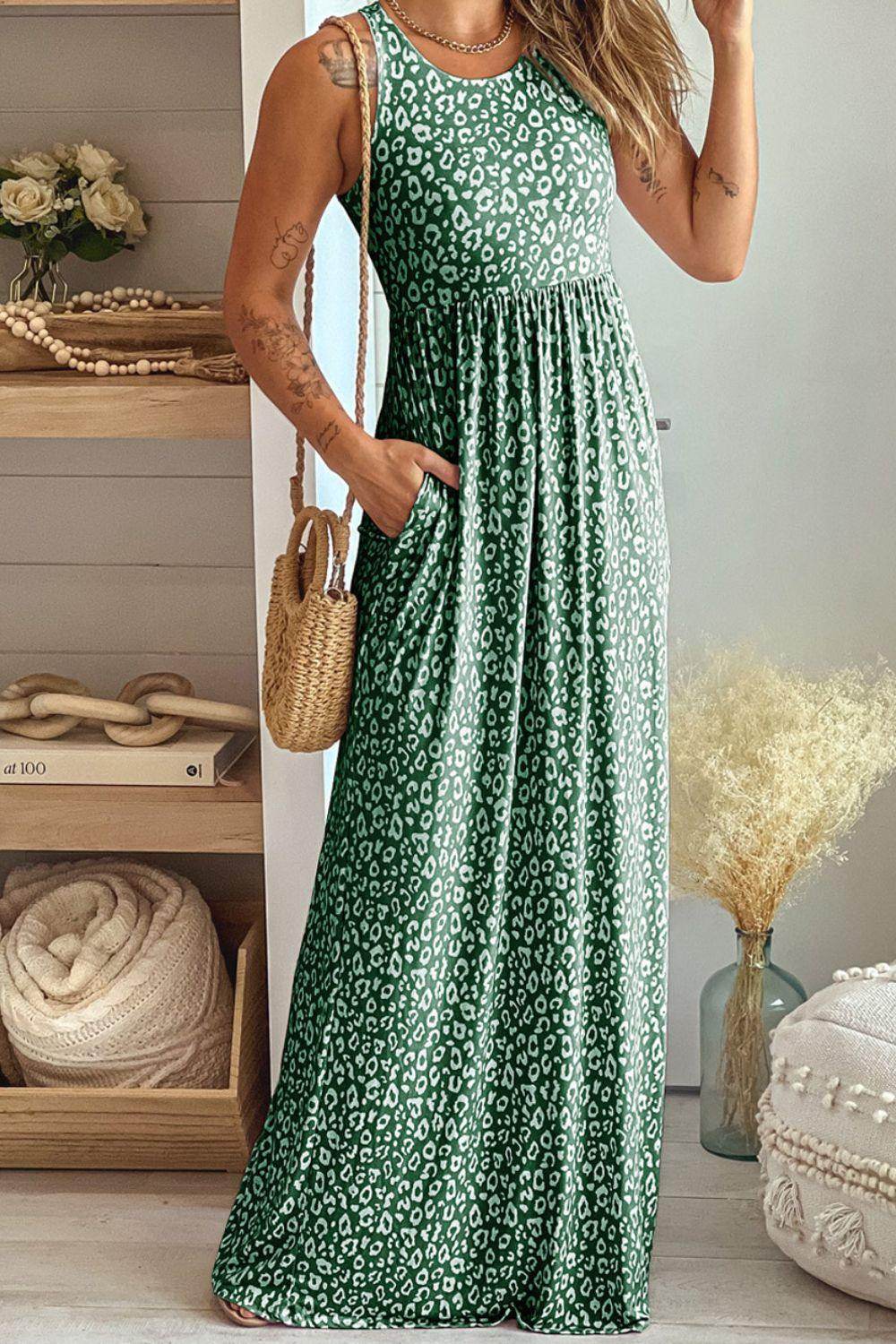 Leopard Round Neck Sleeveless Maxi Dress for Women - Selvanelle
