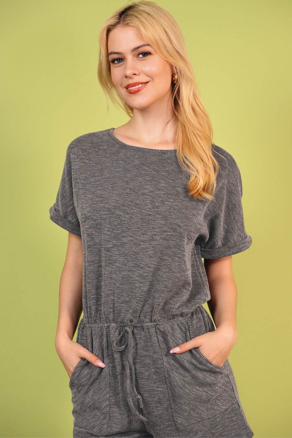 Round Neck Short Sleeve Romper with Pockets - Selvanelle