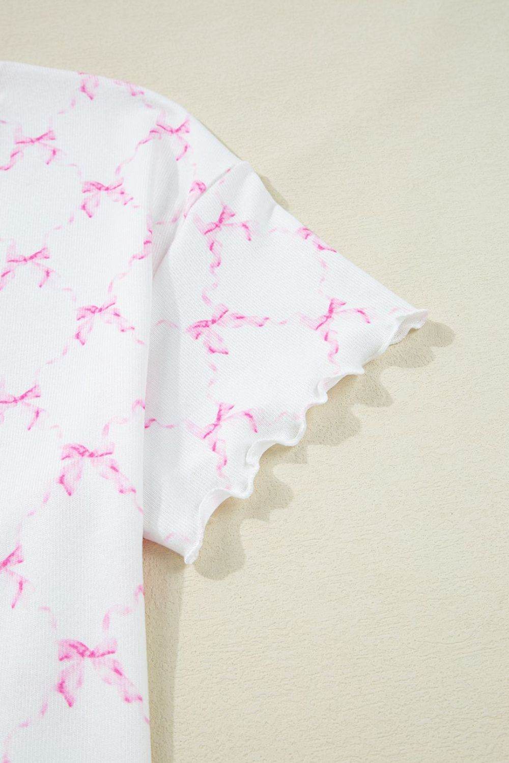 Bow Print Lettuce Trim Round Neck Top and Shorts Lounge Set - Selvanelle