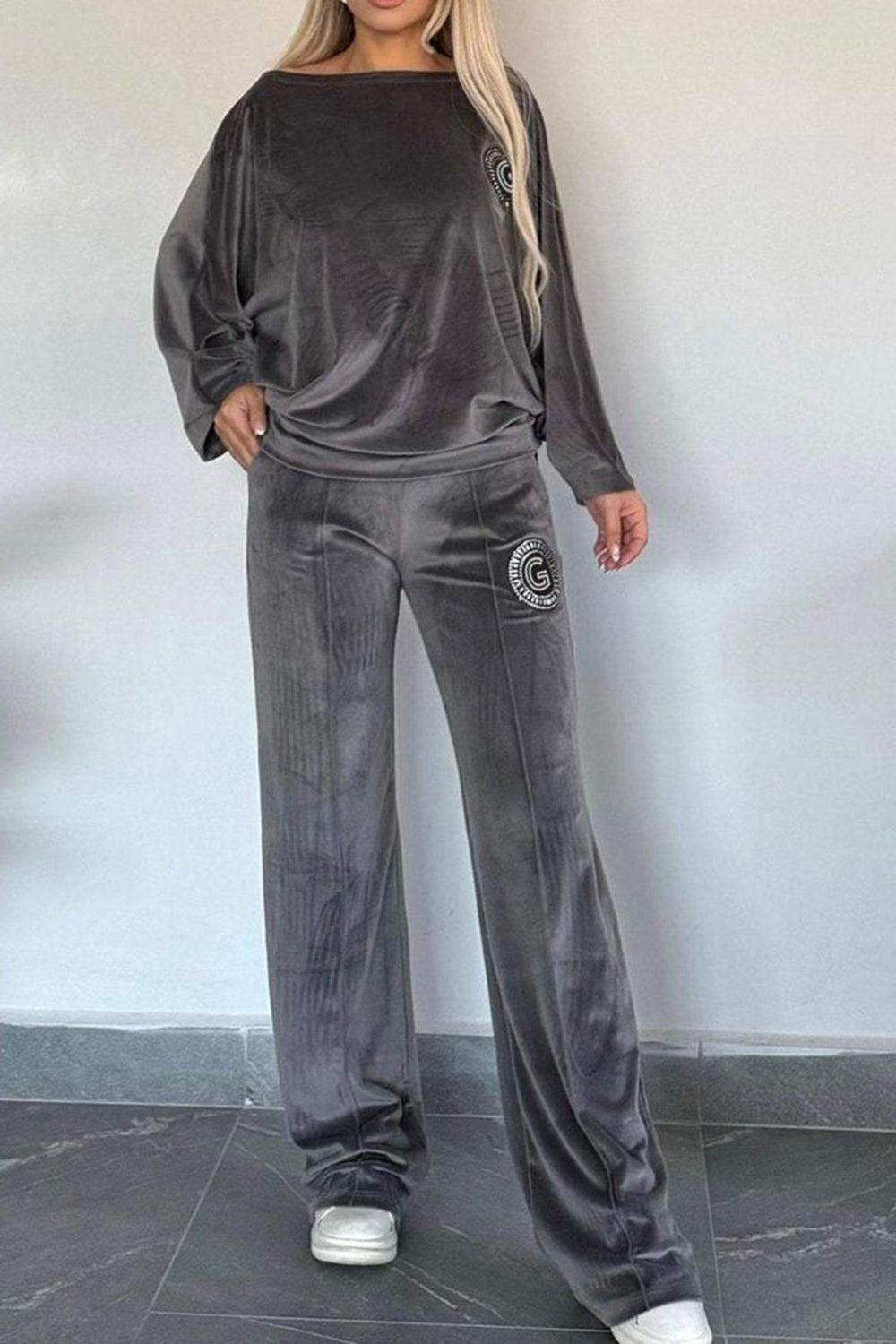 Full Size Boat Neck Long Sleeve Top and Pants Set Outfit - Selvanelle