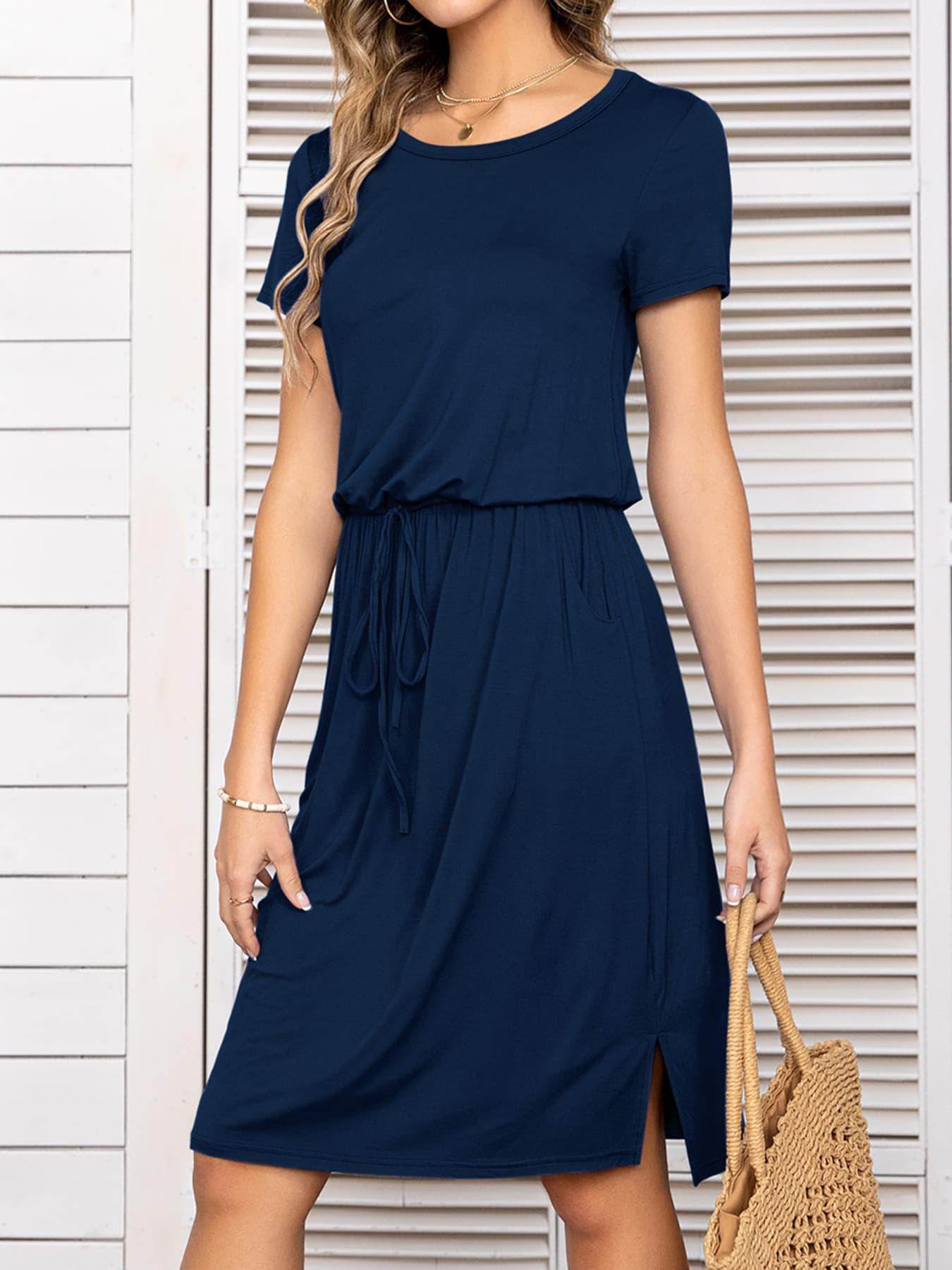 Round Neck Short Sleeve Slit Dress with Pockets for Women - Selvanelle