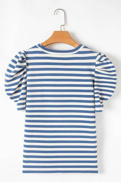 AMERICA Striped Round Neck Puff Sleeve Top for Women - Selvanelle