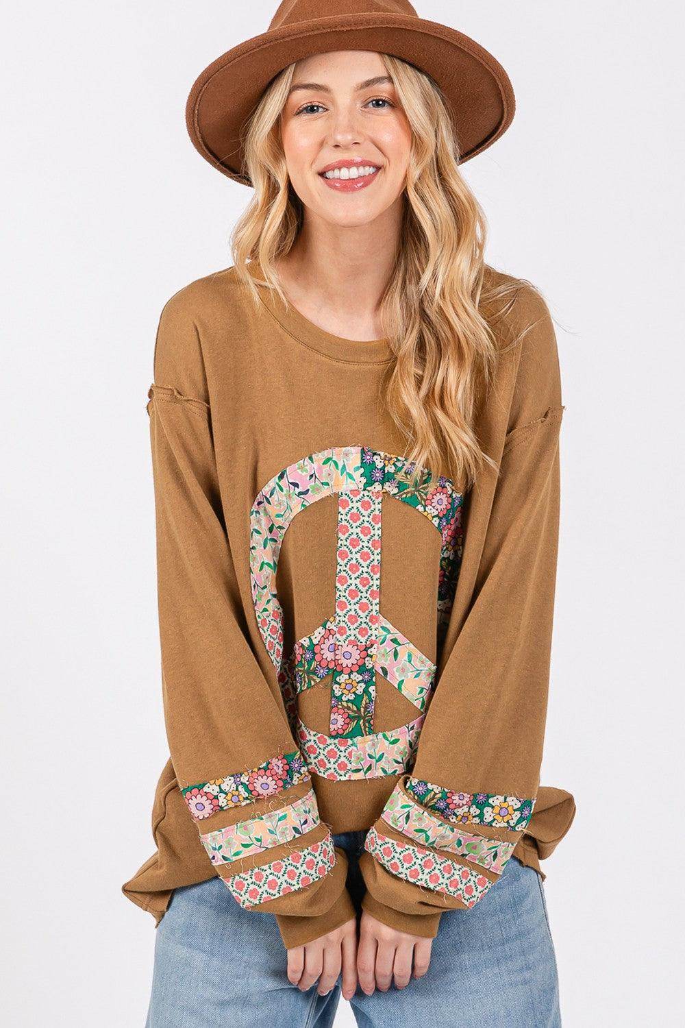 SAGE + FIG Peace Applique Patch Long Sleeve Top for Women - Selvanelle