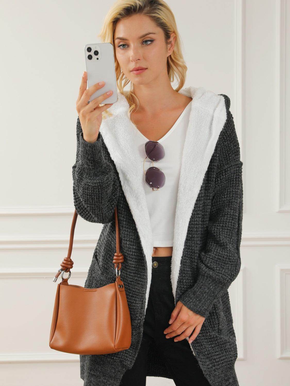 Open Front Hooded Winter Coat with Pockets for Women - Selvanelle