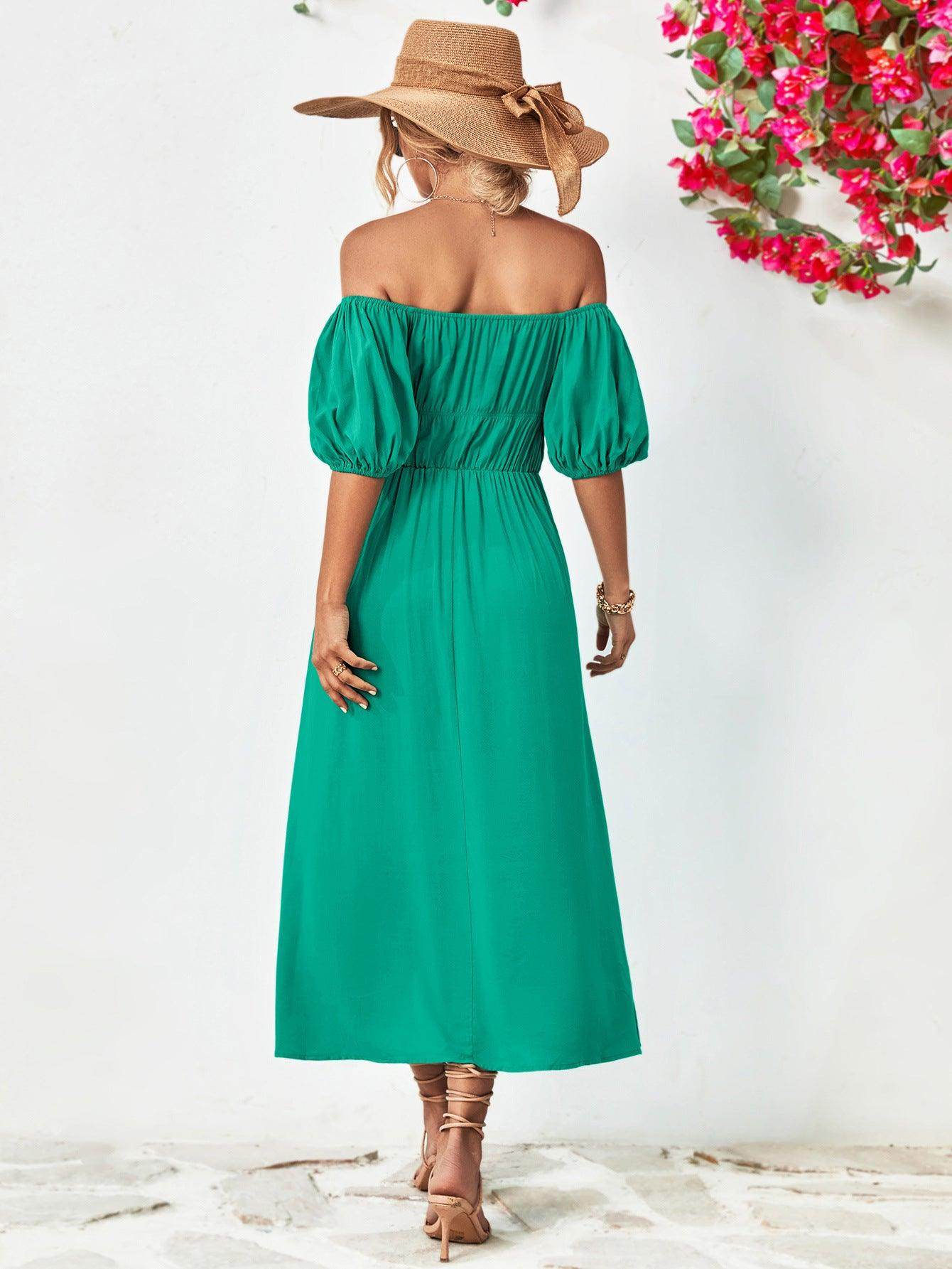 Off-Shoulder Balloon Sleeve Midi Dress for Chic Style - Selvanelle