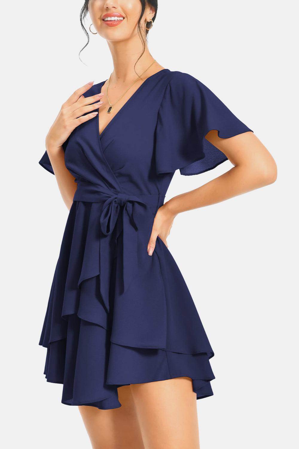 Surplice Neck Flutter Sleeve Dress for Chic Summer Style - Selvanelle