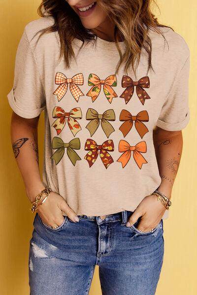 Bow Graphic Round Neck Short Sleeve T-Shirt for Women - Selvanelle