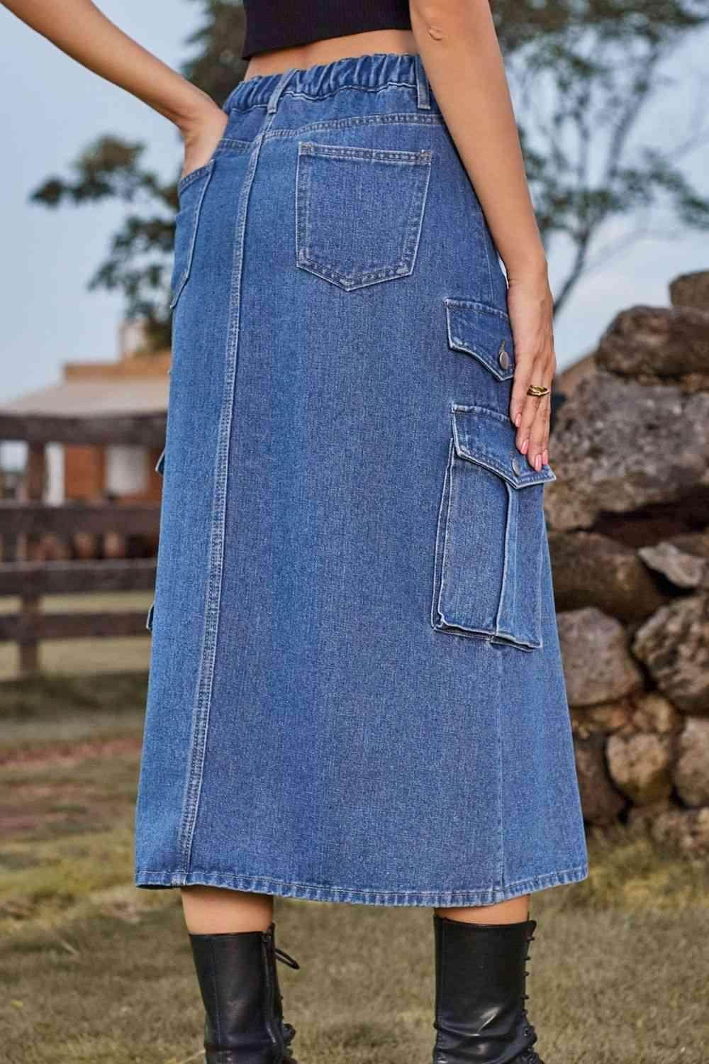 Slit Front Midi Denim Skirt with Pockets for Women - Selvanelle