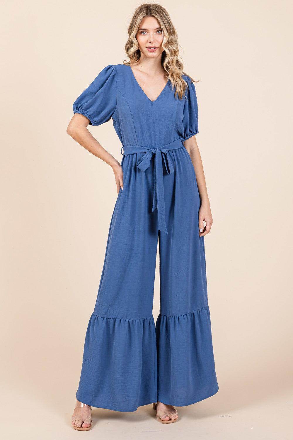 GeeGee Full Size V-Neck Belted Wide Leg Jumpsuit for Women - Selvanelle