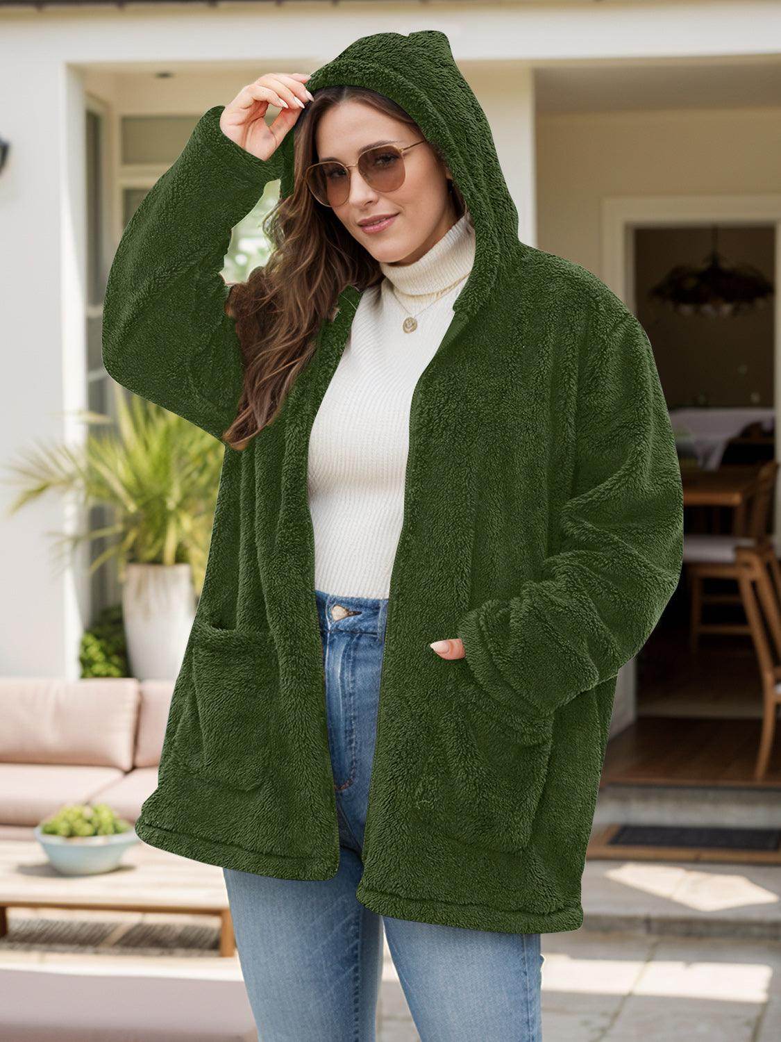 Plus Size Zip Up Long Sleeve Hooded Outerwear Jacket - Selvanelle