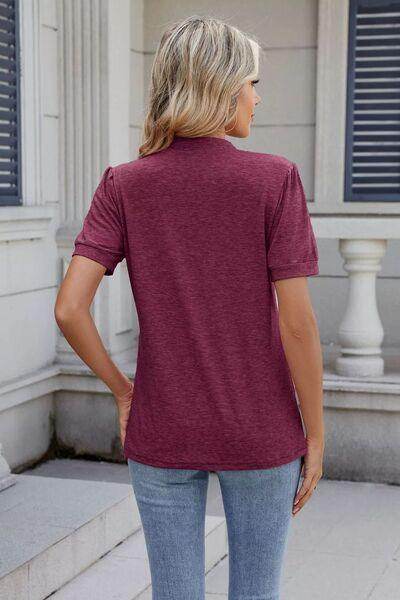 Notched Short Sleeve Solid Color Top for Everyday Style - Selvanelle