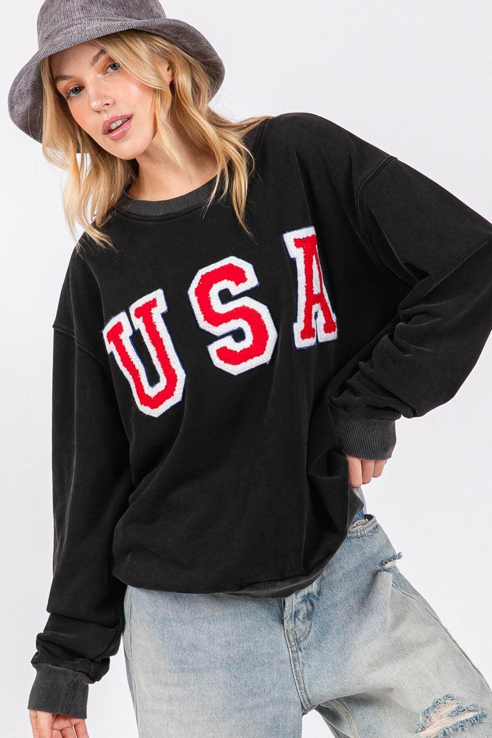 SAGE + FIG USA Letter Patch Round Neck Sweatshirt for Style - Selvanelle