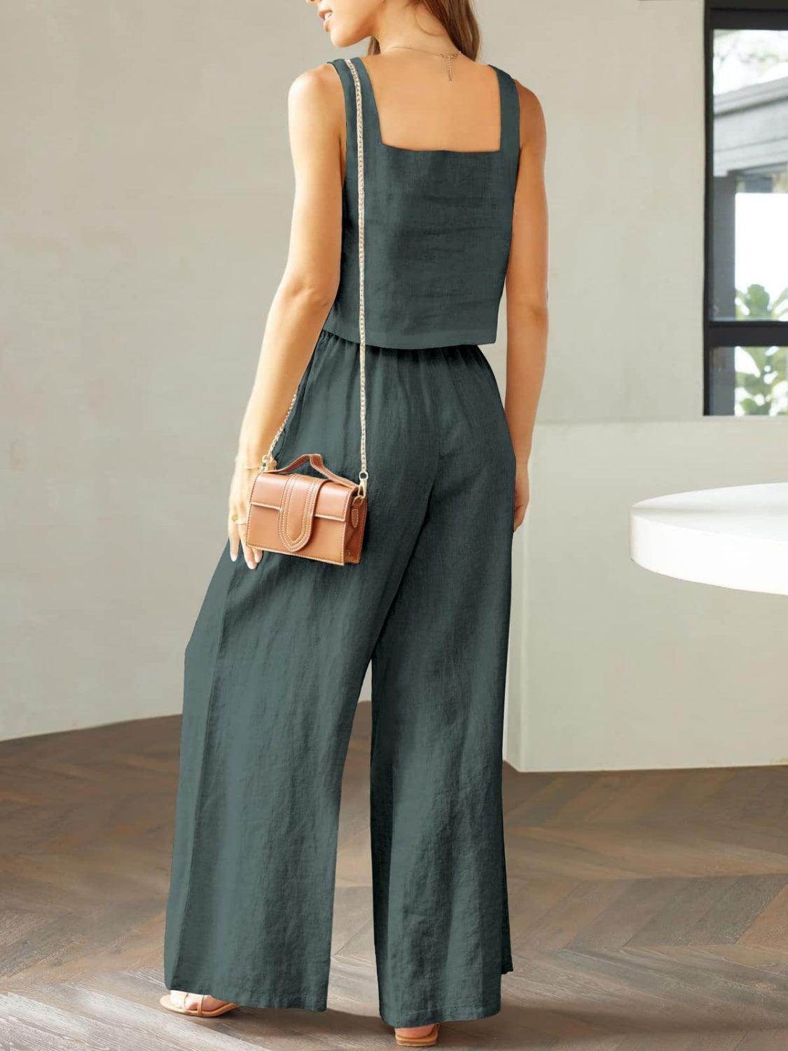 Square Neck Top and Wide Leg Pants Set for Women - Selvanelle