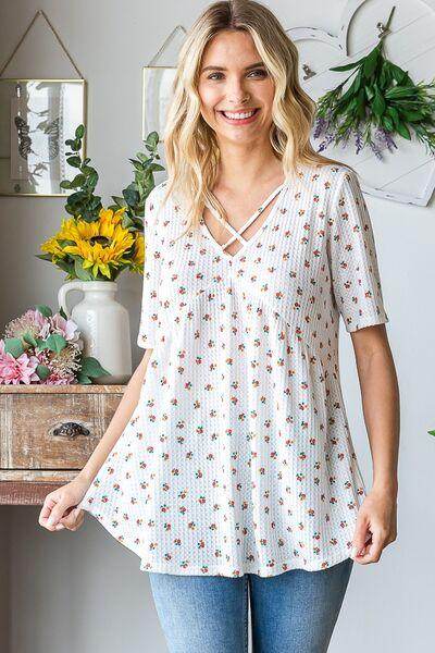 Heimish Full Size Crisscross Ditsy Floral Babydoll Top Plus Size - Selvanelle