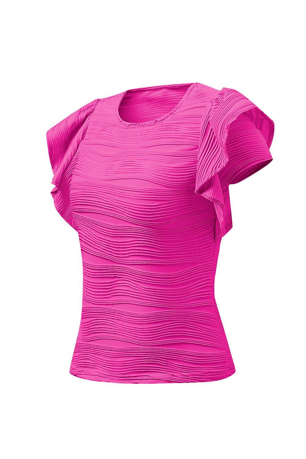 Textured Round Neck Cap Sleeve Top for Casual Style - Selvanelle