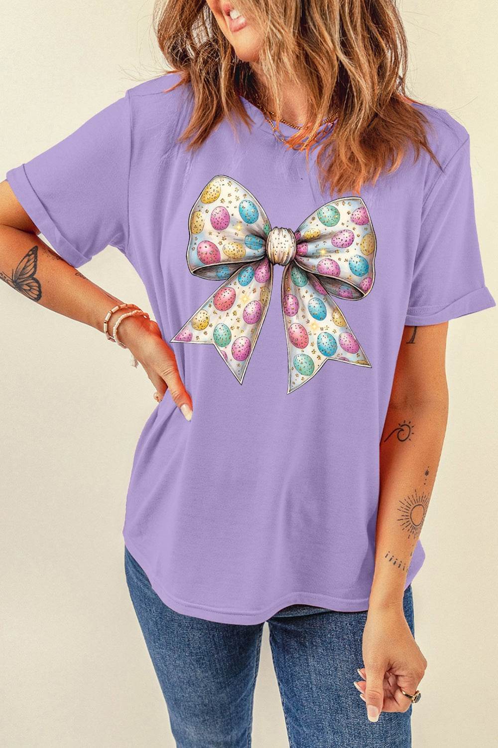Bow Graphic Round Neck Short Sleeve T-Shirt - Selvanelle